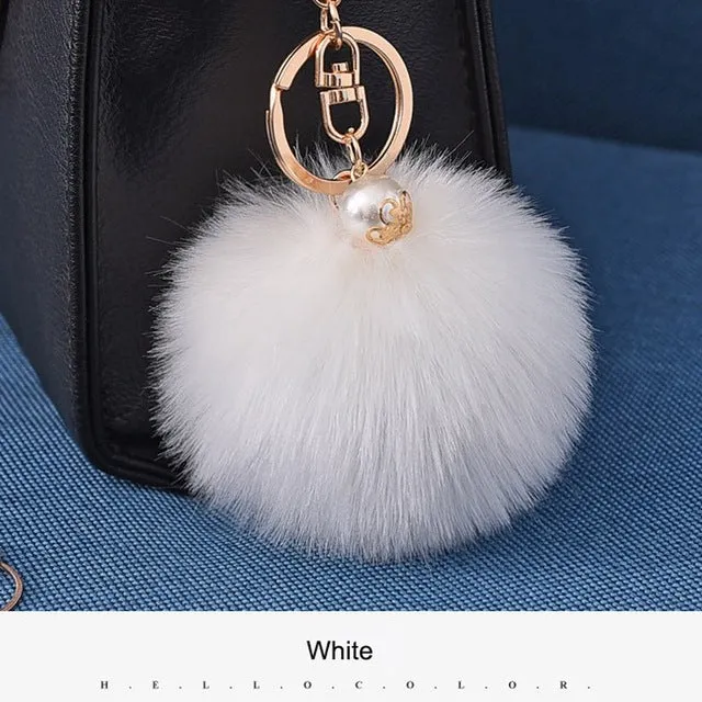 16 Color Fluffy Artificial Rabbit Fur Pompom Keychain Women Bag Pearl Bead Key Chain Pendant Ornaments