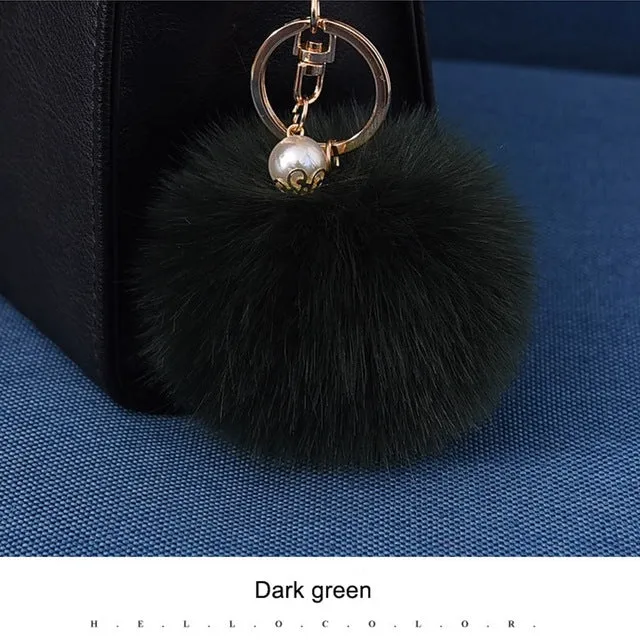 16 Color Fluffy Artificial Rabbit Fur Pompom Keychain Women Bag Pearl Bead Key Chain Pendant Ornaments