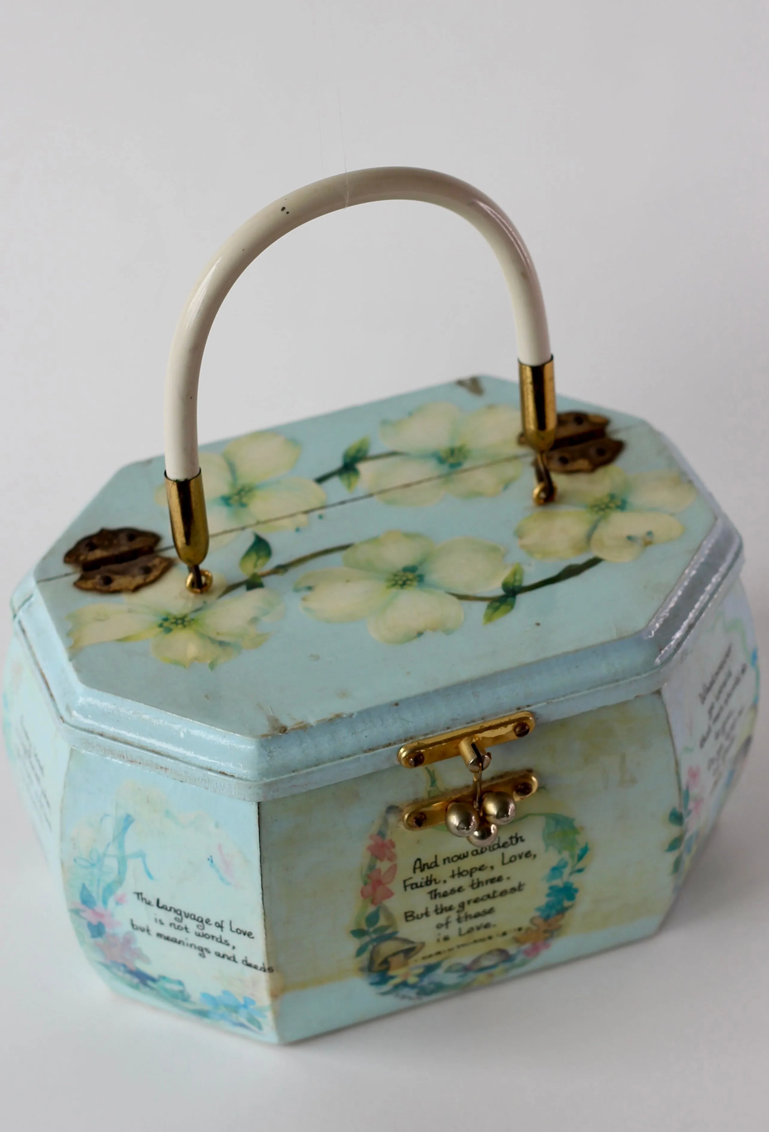 1960s Vintage Pale Blue Wooden Handle Box Bag