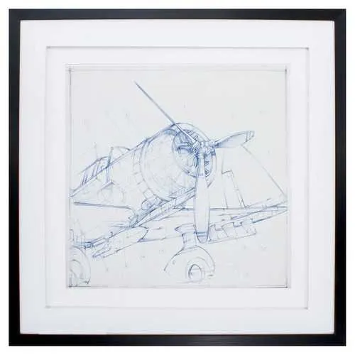 30" X 30" Dark Wood Toned Frame Airplane Sketch I