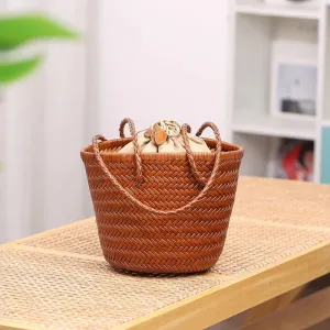 Boho Womens Leather Woven Bucket Shoulder Bag With Drawstring Inner Pouch Brown Shoulder Bag