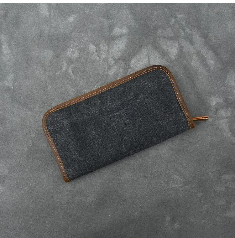 Brown Canvas Mens Long Wallet Zipper Green Clutch Phone Wallet For Men