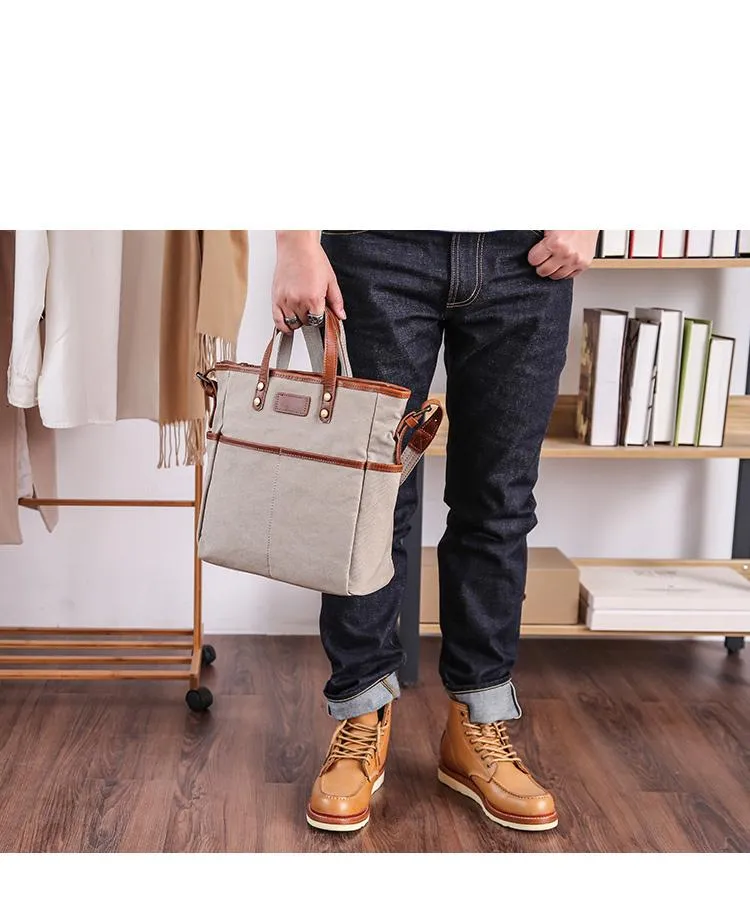 Casual Canvas Leather Mens Womens Large 13" Brown Handbag Tote Bag Beige Shoulder Bag Tote Purse For Men