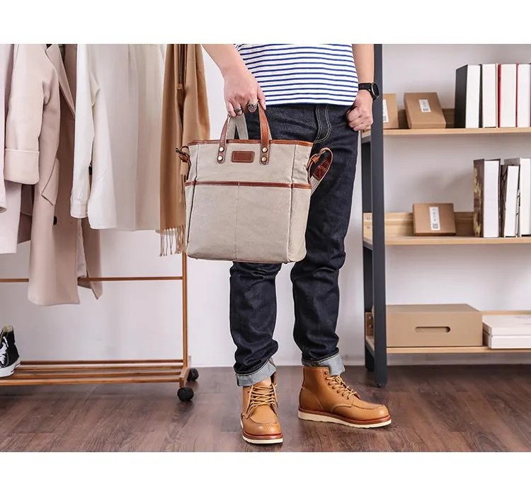 Casual Canvas Leather Mens Womens Large 13" Brown Handbag Tote Bag Beige Shoulder Bag Tote Purse For Men