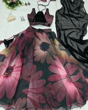 Gorgeous Black Color Digital Print Organza Lehenga Choli