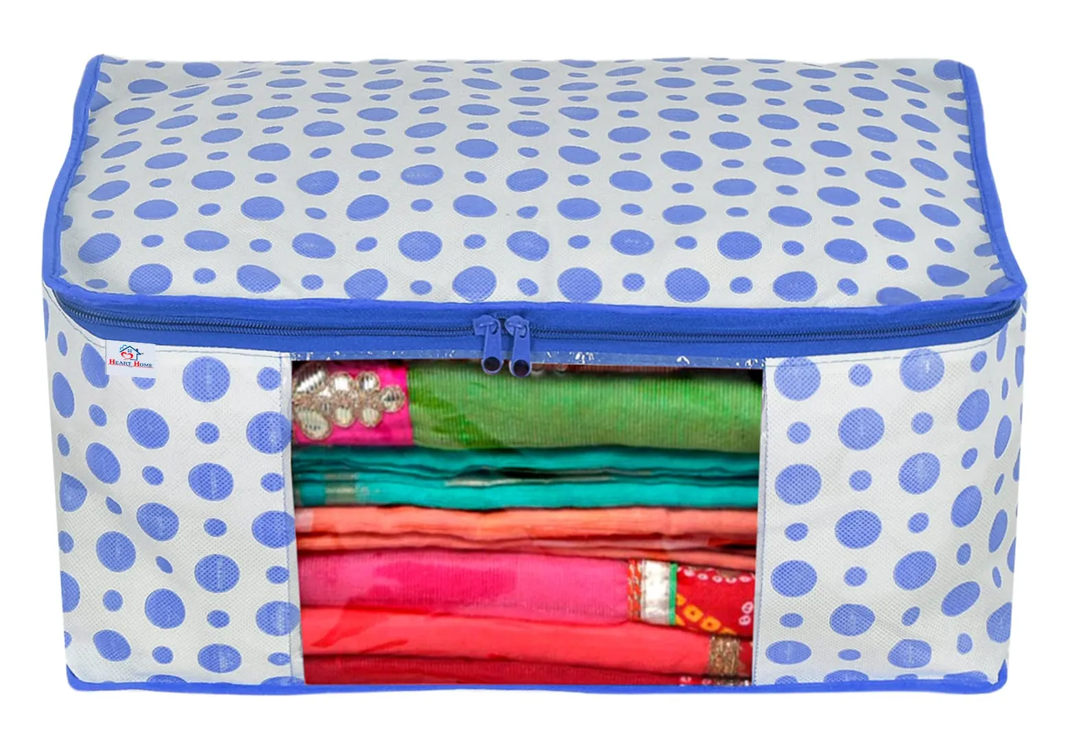 Heart Home Dot Printed Non-Woven Saree Cover, Cloth Organizer, Wardrobe Organiser With Tranasparent Window- Pack of 10 (Blue)-46HH0502