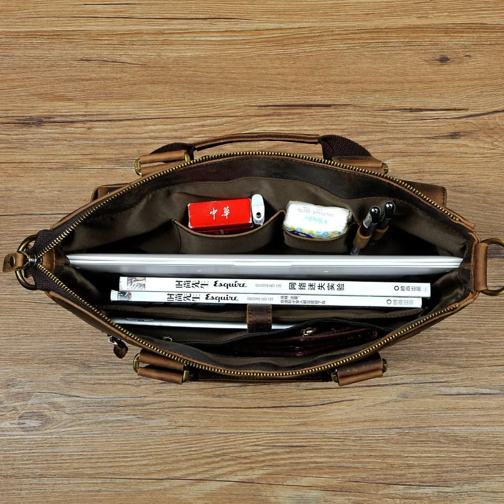 Men Quality Leather Antique Retro Business Briefcase 15.6" Laptop Case Attache Portfolio Bag