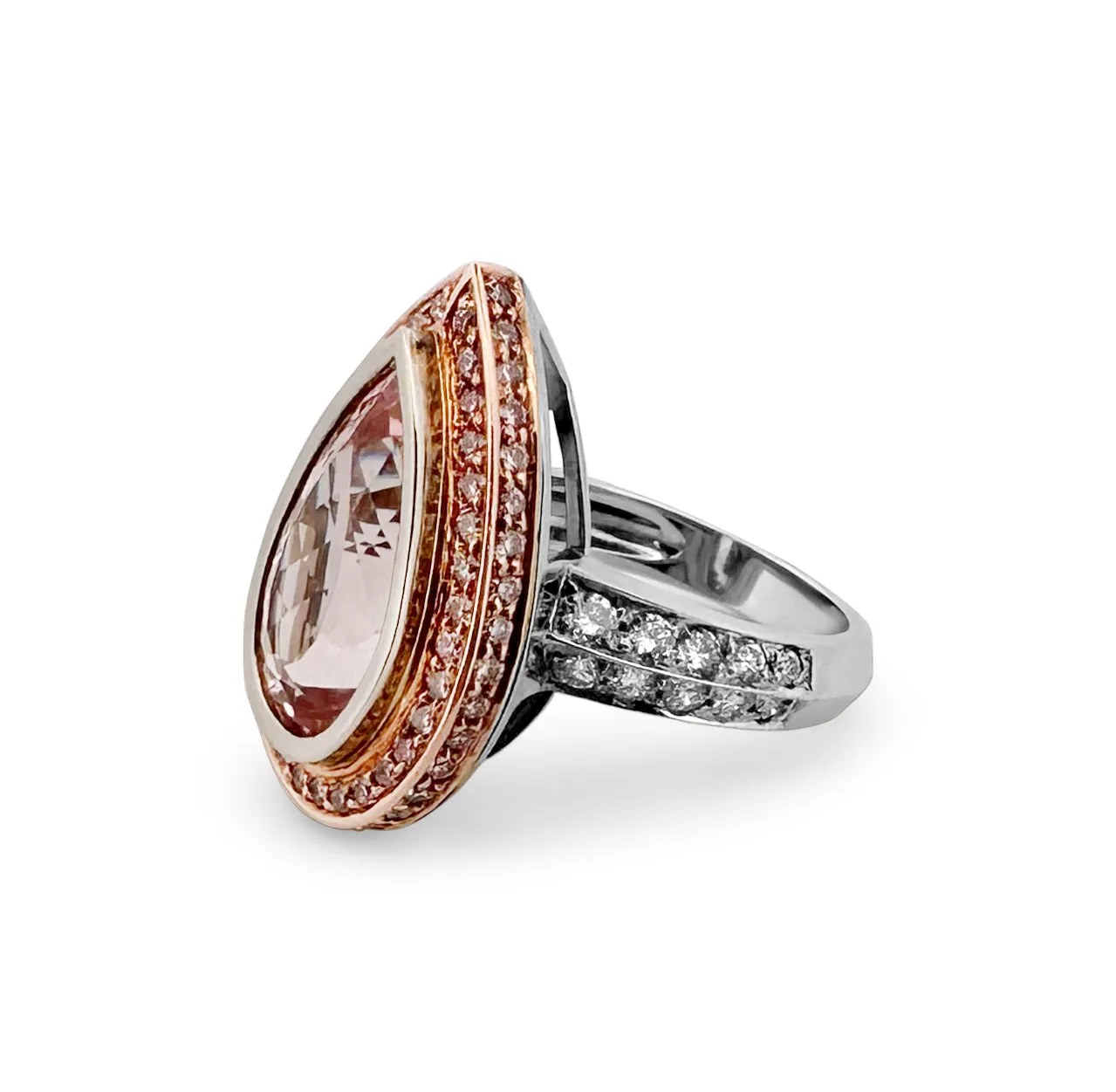 Morganite with Pink & White Diamonds in 18k Rose and White Gold Cocktail Ring