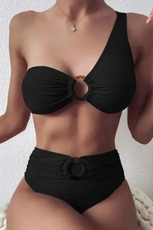 Solid Color Striking One Shoulder Bikini With Rings